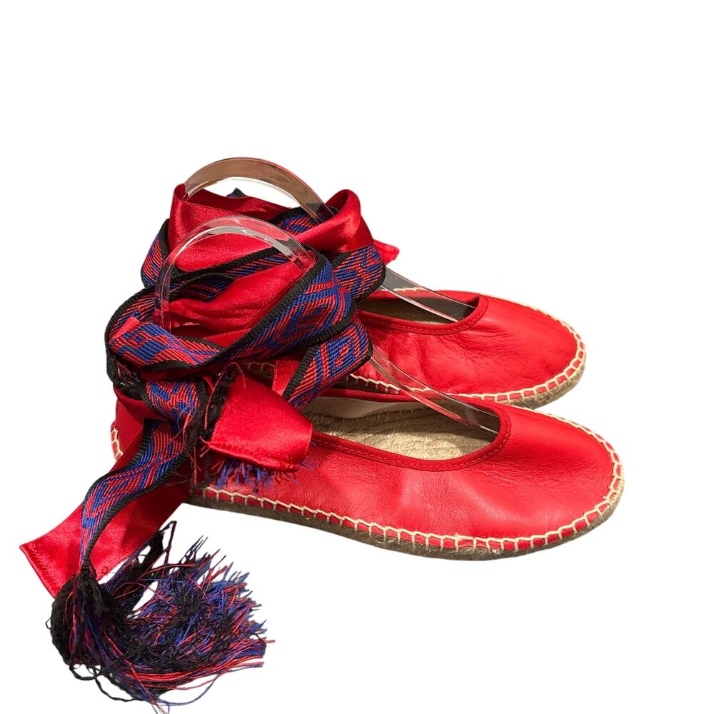 Free People Maya Red Leather Espadrille with Ribbon Ankle Ties - size 39, US 8.5